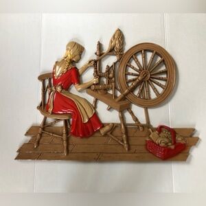 Vtg 70s Girl Spinning Yarn Wall Art